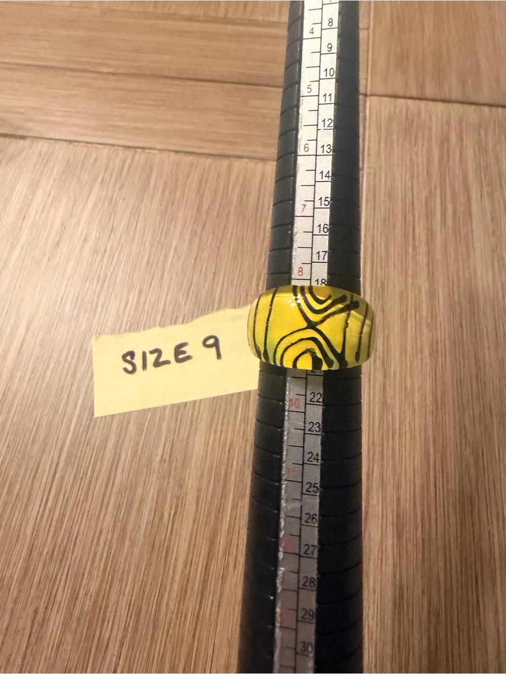 Yellow Glass Like Dome Ring with Hand Painted Black Abstract Designs Size 9